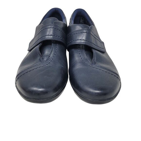 Clarks Women's Size 9 Navy Blue Leather Loafers Comfort Adjustable Strap Wedge - Picture 5 of 12